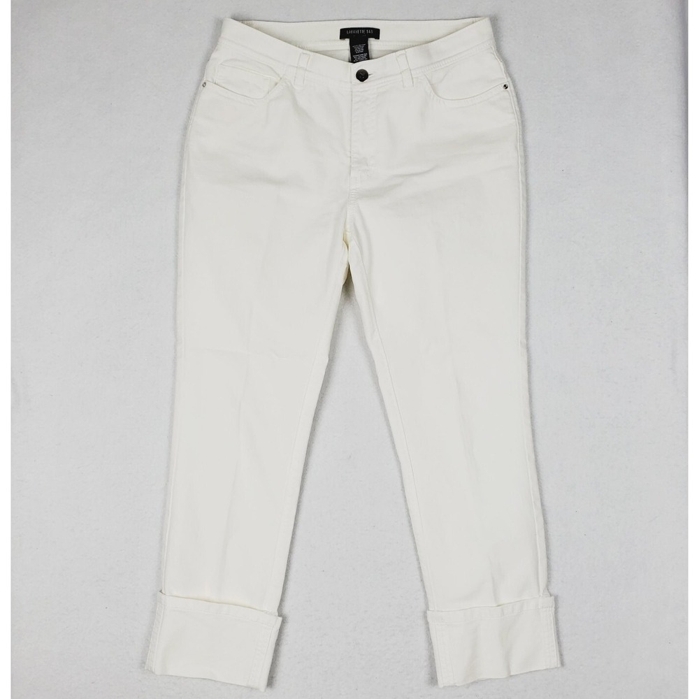 lafayette 148‎ Cream White Cotton Stretchy Cuffed Croped Jeans Sz 4